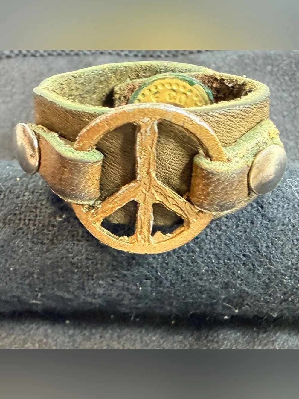 Brown Leather Peace Sign ring - Brown with Brass Accent VINTAGE 60s/70s